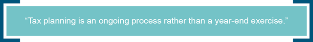 Tax planning quote from a Minneapolis financial planning firm emphasizing year-round tax strategy