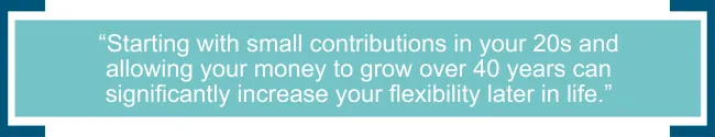 starting with small contributions in your 20s and allowing your money to grow over 40 years can significantly increase your flexibility later in life
